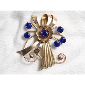 Vintage Harry Iskin Rose Gold Filled Cobalt Rhinestone Brooch